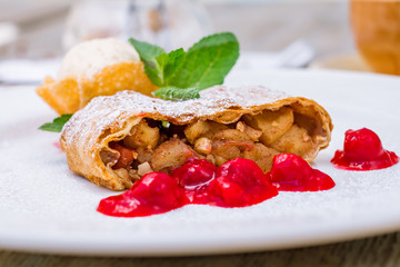 Apple strudel with ice cream