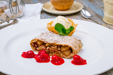 Apple strudel with ice cream