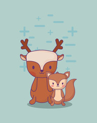 cute deer and squirrel over blue background, colorful design. vector illustration