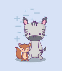 cute zebra and squirrel over blue background, colorful design. vector illustration