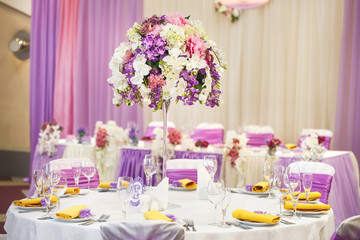 Table set for wedding or another catered event dinner.