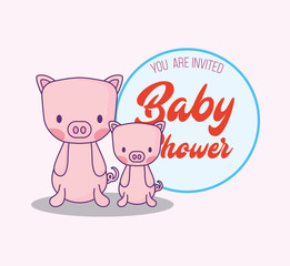 Baby shower invitation with cute pigs icon over pink background, colorful desing. vector illustration