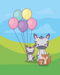 Obraz na płótnie Canvas cute zebras with balloons and squirrels over landscape backgorund, colorful design. vector illustration