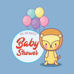 Baby shower invitation with cute lion and ballons icon over pink background, colorful desing. vector illustration
