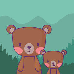 cute bears over forest background, colorful design. vector illustration