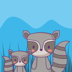 cute raccoons over landscape background, colorful design. vector illustration
