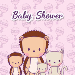 Baby shower design with cute porcupines and cats over pink background, colorful design. vector illustration