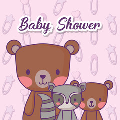 Baby shower design with cute bear and raccoon over pink background, colorful design. vector illustration
