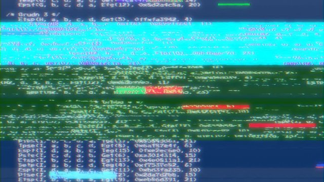 Simple source code scrolling animation, scrambled text, white characters on a blue background, badly distorted by digital glitches and noise.
