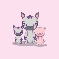 cute zebras and pig over pink background, colorful design. vector illustration