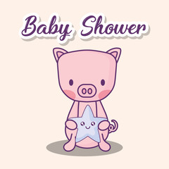 Obraz na płótnie Canvas Baby shower design with cute pig holding a star over white background, colorful design. vector illustration