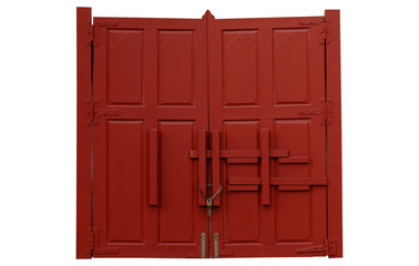 Double red door with iron handles and hinges isolated on white background