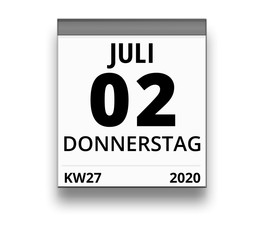 Kalender für Donnerstag, 2. JULI 2020 (Woche 27)
