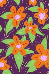 hand drawn beautiful retro flat shape flowers on dark background for fantasy bold garden illustration pattern