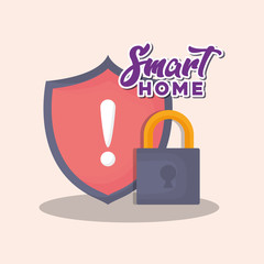 smart home design with shield and padlock over orange background, colorful design. vector illustration
