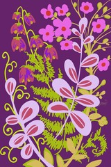 Fototapeta na wymiar hand drawn beautiful retro flat shape flowers on dark background for fantasy bold garden illustration pattern