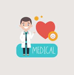 Smiling male doctor character showing on heart with hand and proposing medical on gray background 