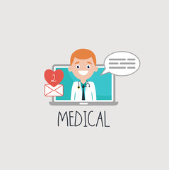 Cheerful doctor on laptop screen with unread email letters advertising medical on gray background 