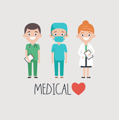 Cheerful male and female medics in uniform and medical word with heart on gray background 