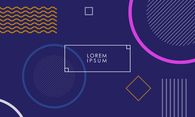 Vector illustration of abstract circles squares and lines on dark blue background 