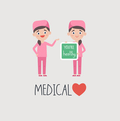 Happy young nurses holding chalkboard with You're healthy words while advertising medical 