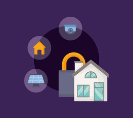 house and padlock with smart home related icons over purple background, colorful design. vector illustration