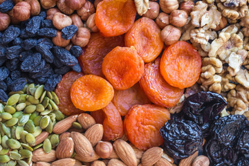 Set of nuts and dried fruits.