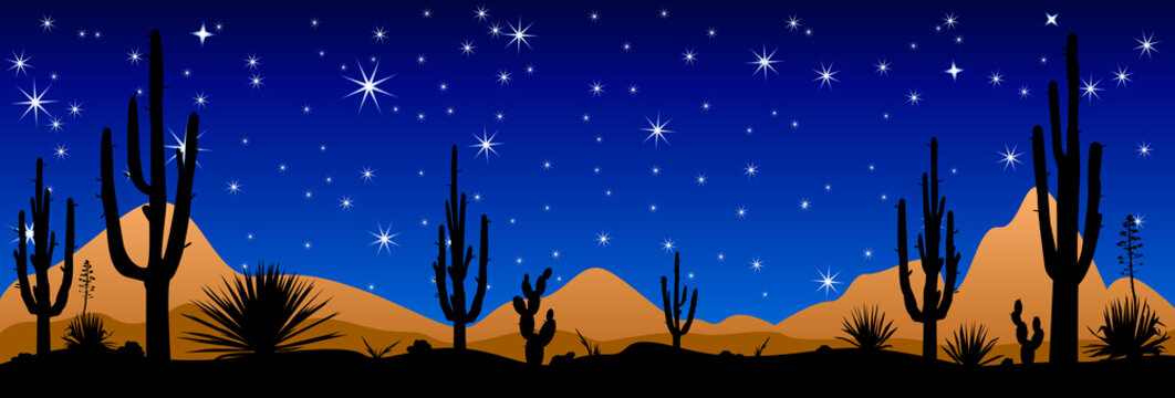 Desert at night, the stars shine. Desert with cactuses against the background of the night starry sky.
