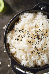 Heap of Cooked Boiled Round White Rice in Metal Bowler