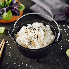Heap of Cooked Boiled Round White Rice in Metal Bowler