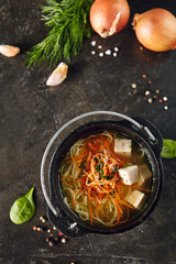 Traditional Asian Soup with Noodles and Chicken