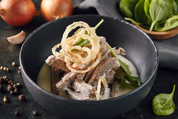 Beef Stroganoff or Beef Stroganov in Black Bowl
