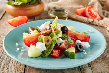 Greek Salad in Blue Plate or Horiatiki Salad