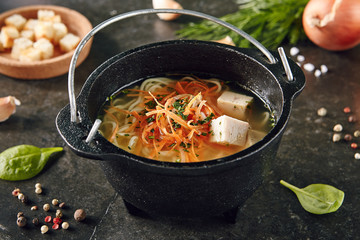 Traditional Asian Soup with Noodles and Chicken