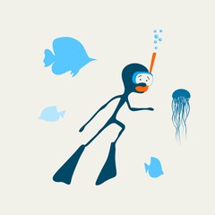 Silhouettes of diver and underwater animals. Icon diver drawn in cartoon doodle style. The concept of sport diving.