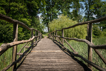 A narrow bridge made of wood leading over a wetland full of reed