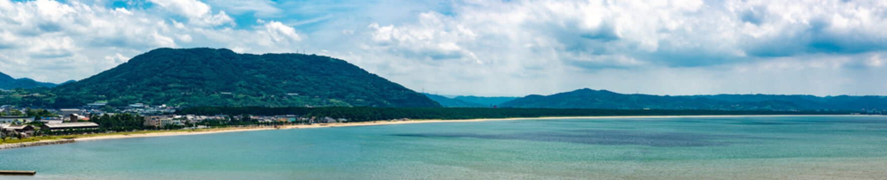 Panorama view of Karatsu mount Kagami and Nijinomatsubara pine forest in Kyushu, Japan  