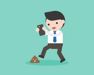 Businessman addict smartphone and don’t looking poo on road, social network addict concept flat design