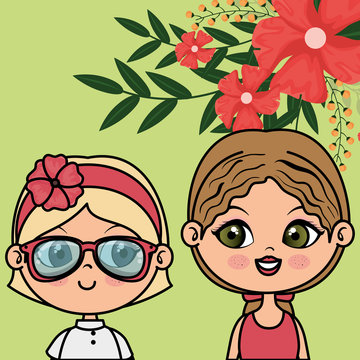 cute girls couple characters with floral decoration