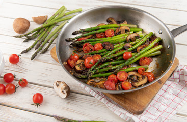 Asparagus Cooked with Cherry Tomatoes and Mushrooms