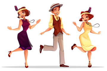 Naklejka premium Tancerzy jazzowych ilustracji wektorowych kobiet w średnim wieku i mężczyzny w kapeluszu, taniec charleston lub występ muzyki kabaretowej w sukience retro, biżuterii vintage i pióropusz z piór na kapeluszu