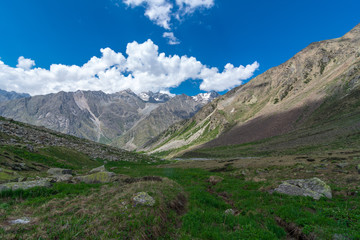 Fototapeta na wymiar Trekking Chitkul Village, Sangla Valley in Himachal Pradesh