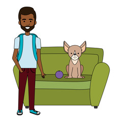 young man with dog in the sofa