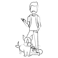 young man with dog and skateboard