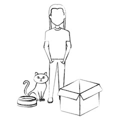 young man with cat and box carton