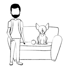 young man with dog in the sofa
