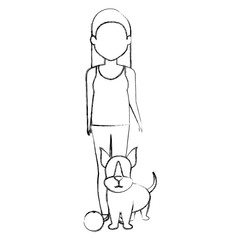 young woman with dog and ball characters