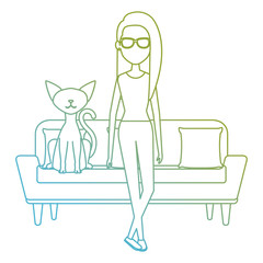 young woman with cat in the sofa characters vector illustration design