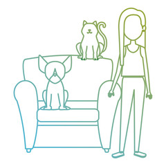 young woman with cat and dog in the sofa characters