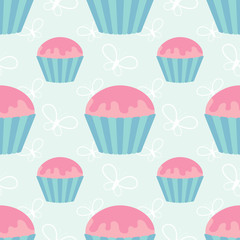 Color seamless pattern of delicious cupcakes on a blue background. Simple flat vector illustration. Suitable for Wallpaper, fabric, wrapping paper, covers.